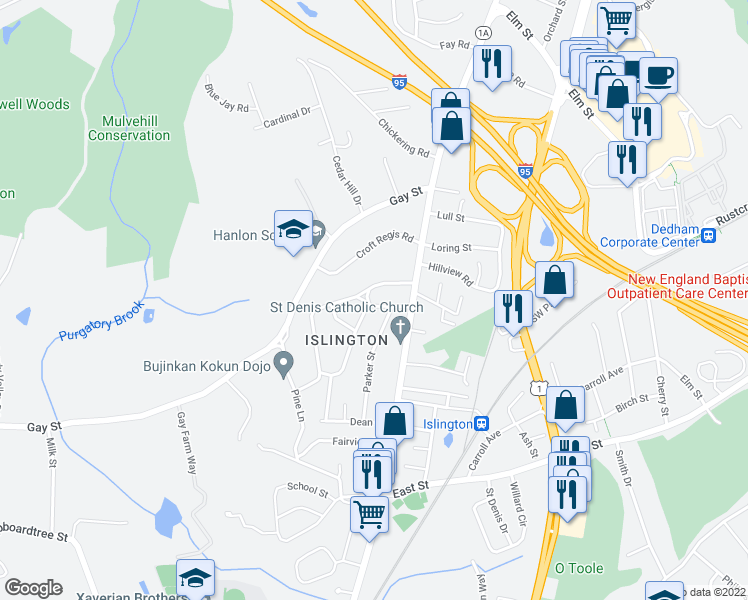 map of restaurants, bars, coffee shops, grocery stores, and more near 37 Hooper Street in Westwood