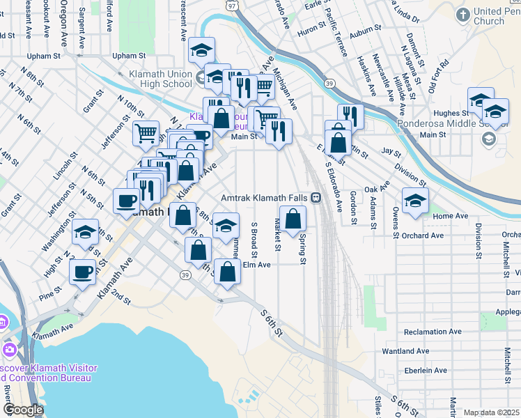 map of restaurants, bars, coffee shops, grocery stores, and more near 420 Market Street in Klamath Falls
