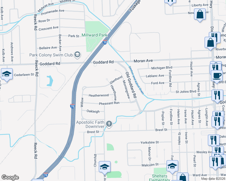 map of restaurants, bars, coffee shops, grocery stores, and more near 11385 Hawthorne in Southgate