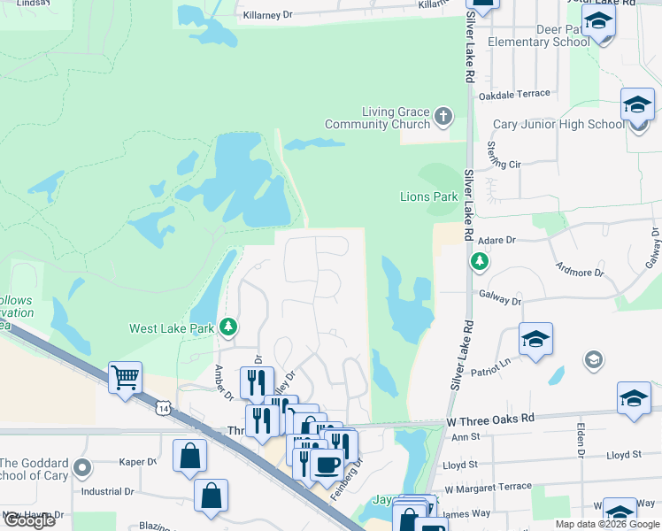 map of restaurants, bars, coffee shops, grocery stores, and more near 80 Silver Tree Circle in Cary