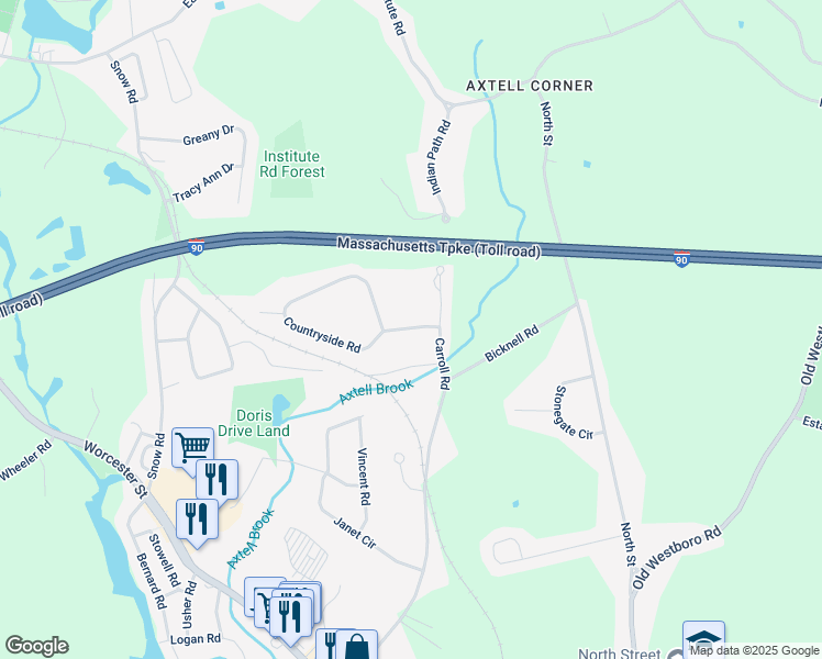 map of restaurants, bars, coffee shops, grocery stores, and more near 3 Countryside Road in Grafton