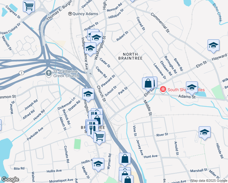 map of restaurants, bars, coffee shops, grocery stores, and more near 109 School Street in Braintree