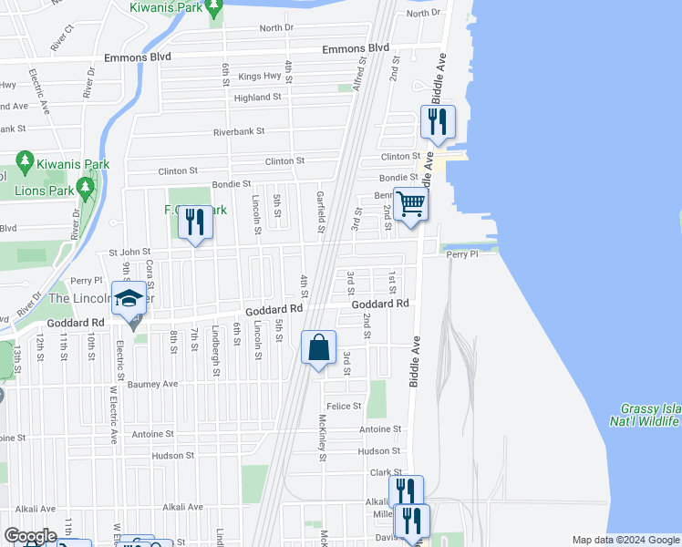 map of restaurants, bars, coffee shops, grocery stores, and more near 317 Perry Place in Wyandotte