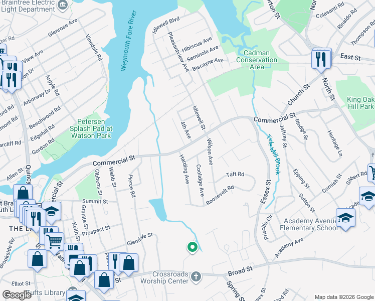 map of restaurants, bars, coffee shops, grocery stores, and more near 410 Commercial Street in Weymouth