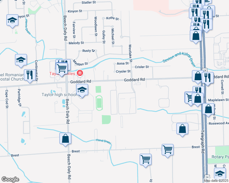 map of restaurants, bars, coffee shops, grocery stores, and more near 11226 Goddard Court in Taylor