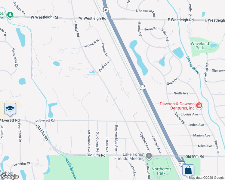 map of restaurants, bars, coffee shops, grocery stores, and more near 811 South Ridge Road in Lake Forest