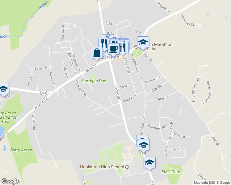 map of restaurants, bars, coffee shops, grocery stores, and more near 44 Grove Street in Hopkinton