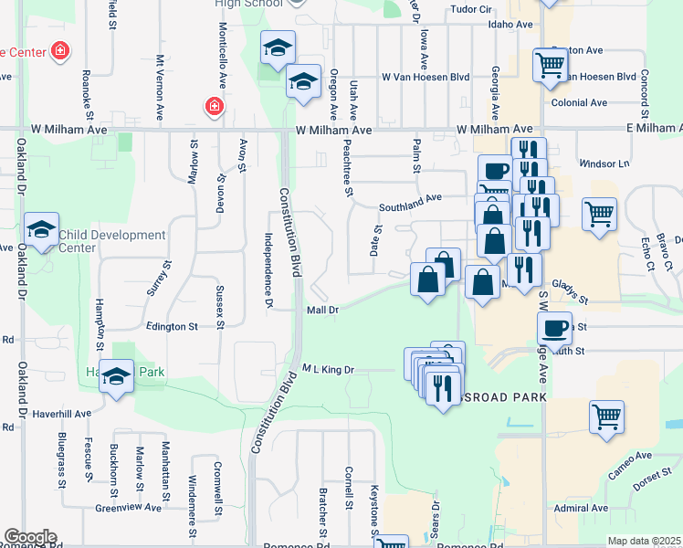 map of restaurants, bars, coffee shops, grocery stores, and more near 6322 Peachtree Street in Portage
