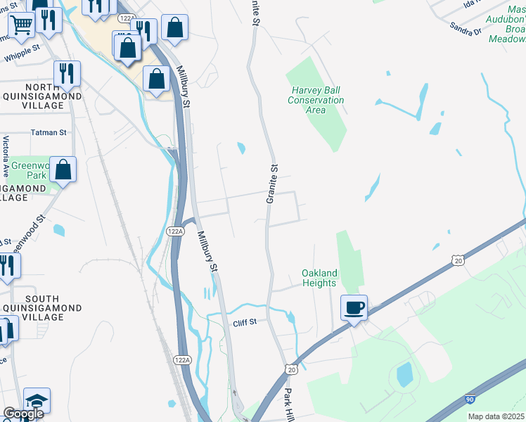 map of restaurants, bars, coffee shops, grocery stores, and more near 400 Granite Street in Worcester