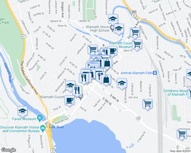map of restaurants, bars, coffee shops, grocery stores, and more near 630 Main Street in Klamath Falls