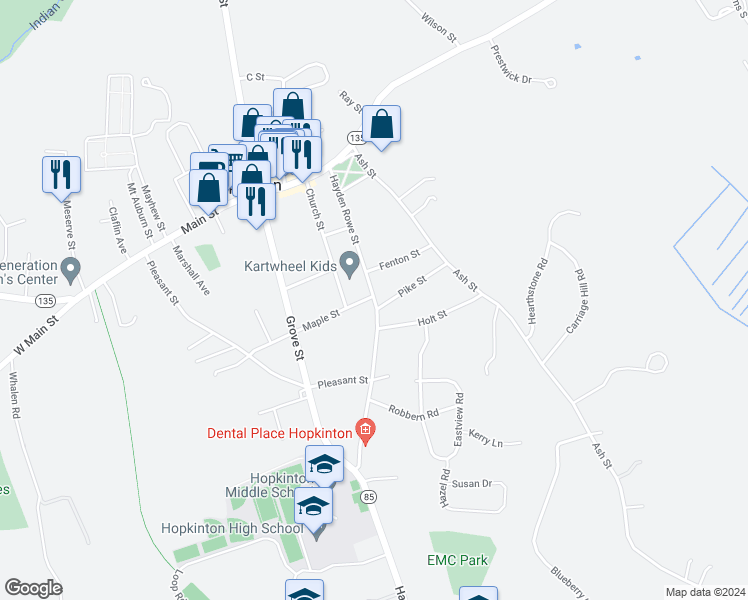map of restaurants, bars, coffee shops, grocery stores, and more near 48 Hayden Rowe Street in Hopkinton