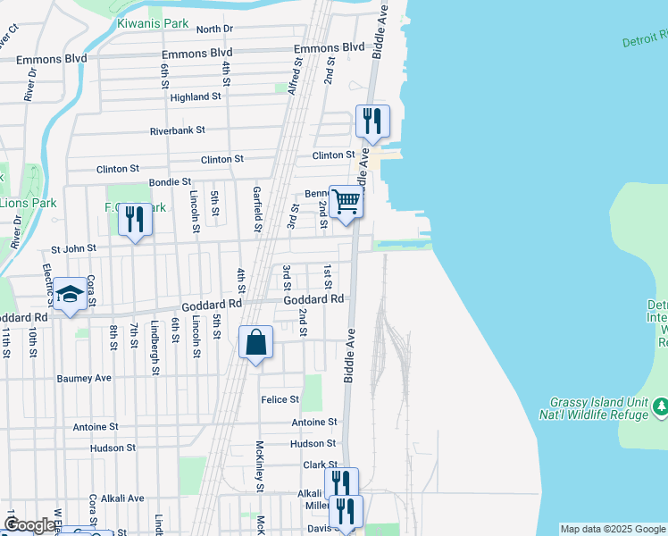 map of restaurants, bars, coffee shops, grocery stores, and more near 89 Perry Place in Wyandotte