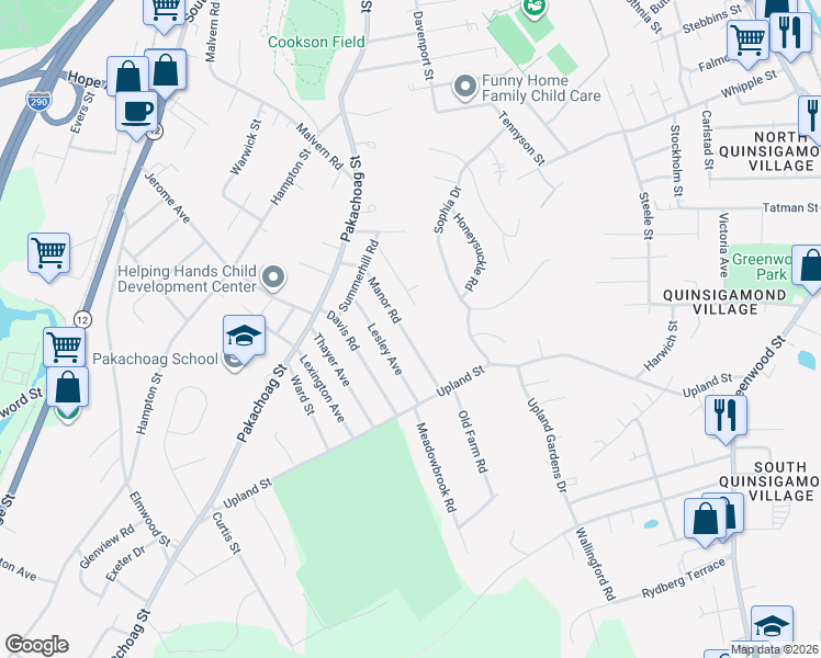 map of restaurants, bars, coffee shops, grocery stores, and more near 23 Manor Road in Auburn