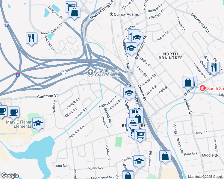 map of restaurants, bars, coffee shops, grocery stores, and more near 59 Cherry Street in Braintree