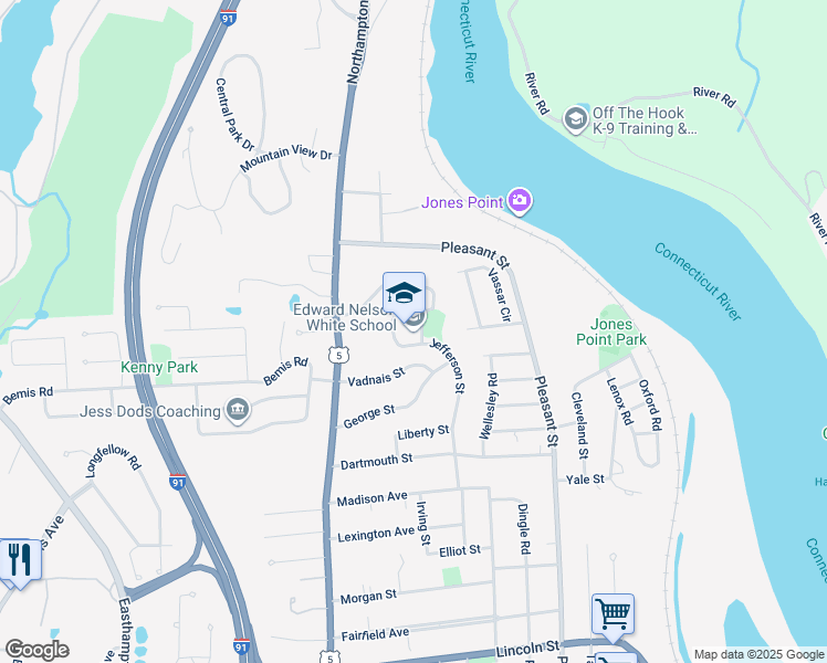 map of restaurants, bars, coffee shops, grocery stores, and more near 1 Jefferson Street in Holyoke