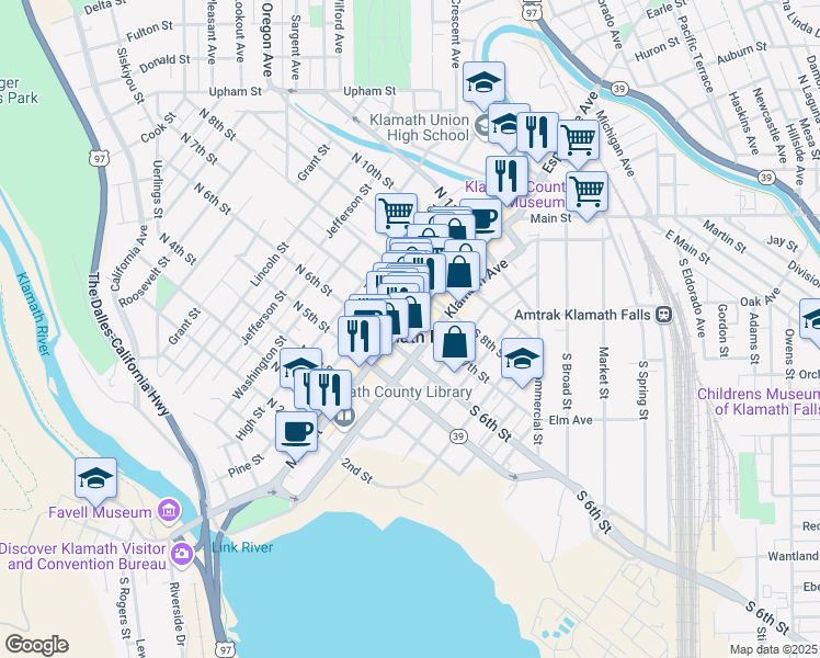 map of restaurants, bars, coffee shops, grocery stores, and more near 632 Main Street in Klamath Falls