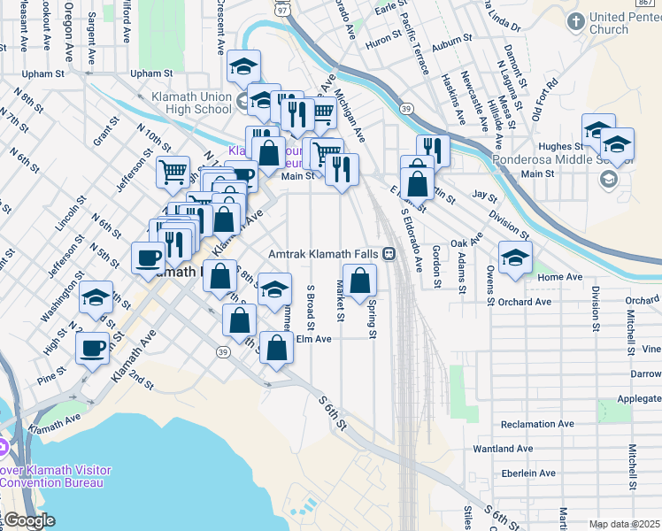 map of restaurants, bars, coffee shops, grocery stores, and more near 420 Market Street in Klamath Falls