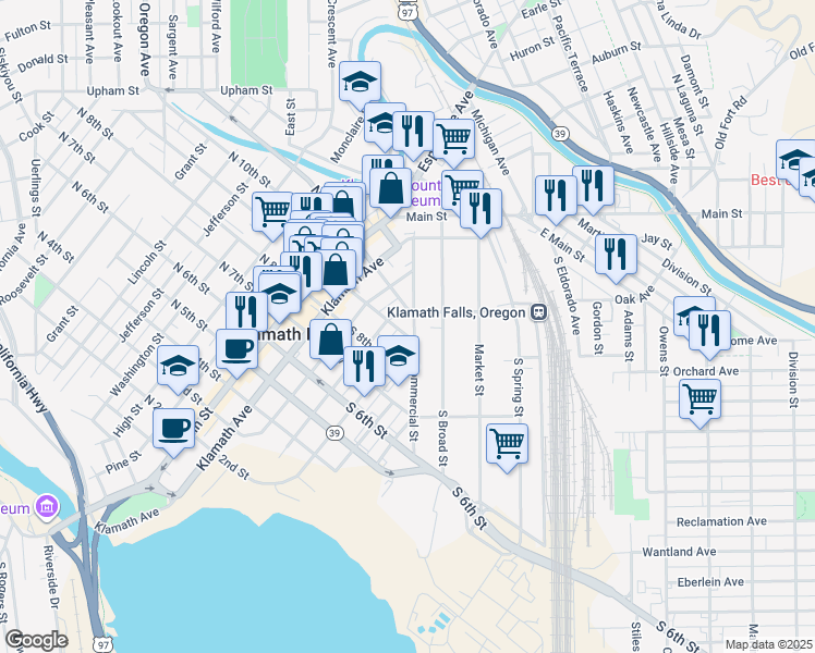 map of restaurants, bars, coffee shops, grocery stores, and more near 413 South 9th Street in Klamath Falls
