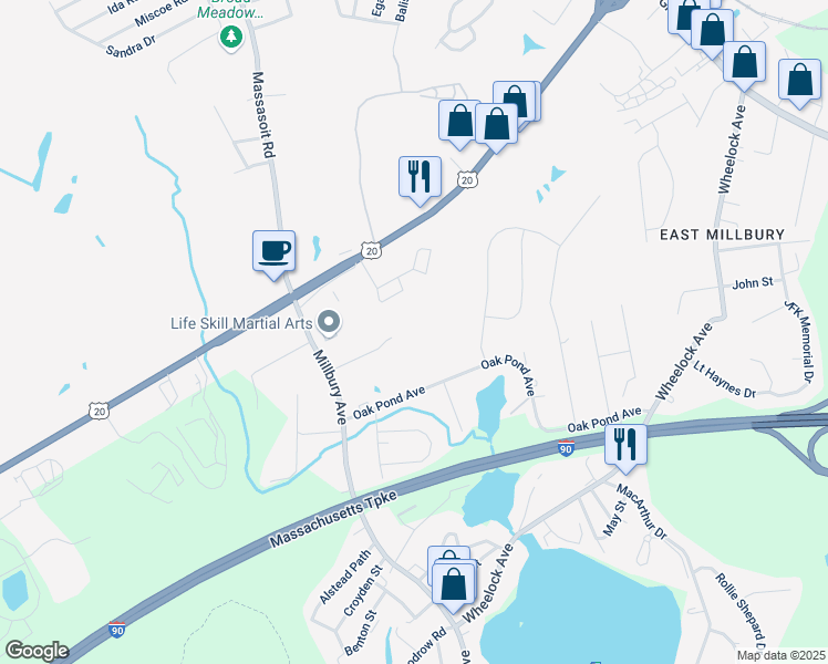 map of restaurants, bars, coffee shops, grocery stores, and more near 312 Millbury Avenue in Millbury