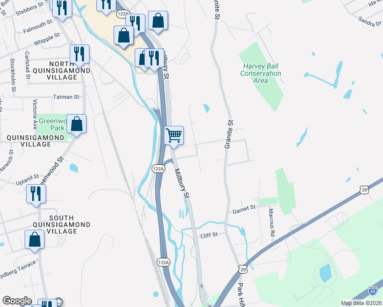 map of restaurants, bars, coffee shops, grocery stores, and more near 25 Winnipeg Street in Worcester