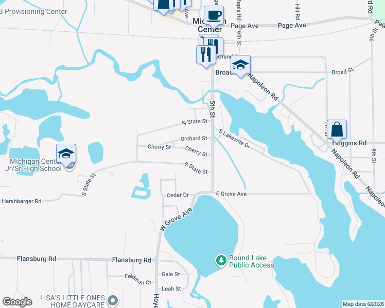 map of restaurants, bars, coffee shops, grocery stores, and more near 137 Cherry Street in Michigan Center