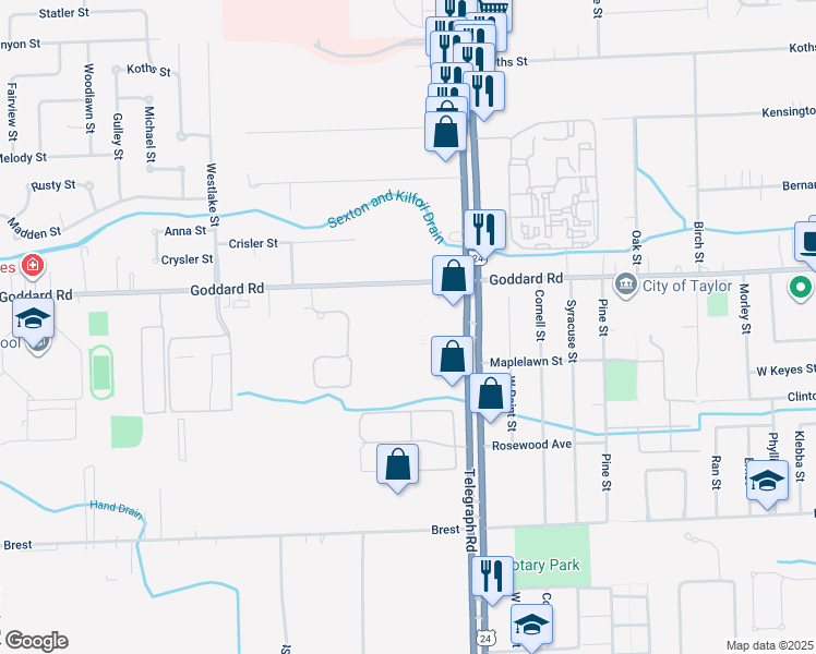 map of restaurants, bars, coffee shops, grocery stores, and more near 11100 Telegraph Road in Taylor