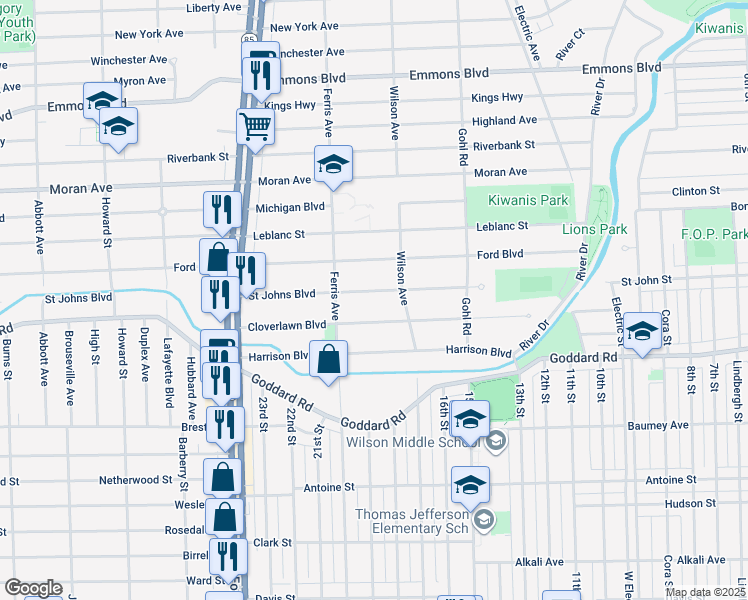 map of restaurants, bars, coffee shops, grocery stores, and more near 933 Saint Johns Boulevard in Lincoln Park