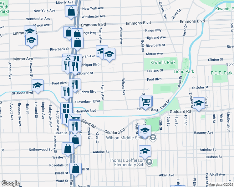 map of restaurants, bars, coffee shops, grocery stores, and more near 933 Saint Johns Boulevard in Lincoln Park
