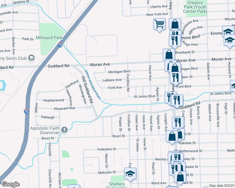 map of restaurants, bars, coffee shops, grocery stores, and more near 11336 Lenoir Street in Allen Park