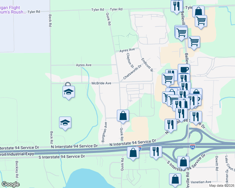 map of restaurants, bars, coffee shops, grocery stores, and more near 10484 Quirk Road in Belleville