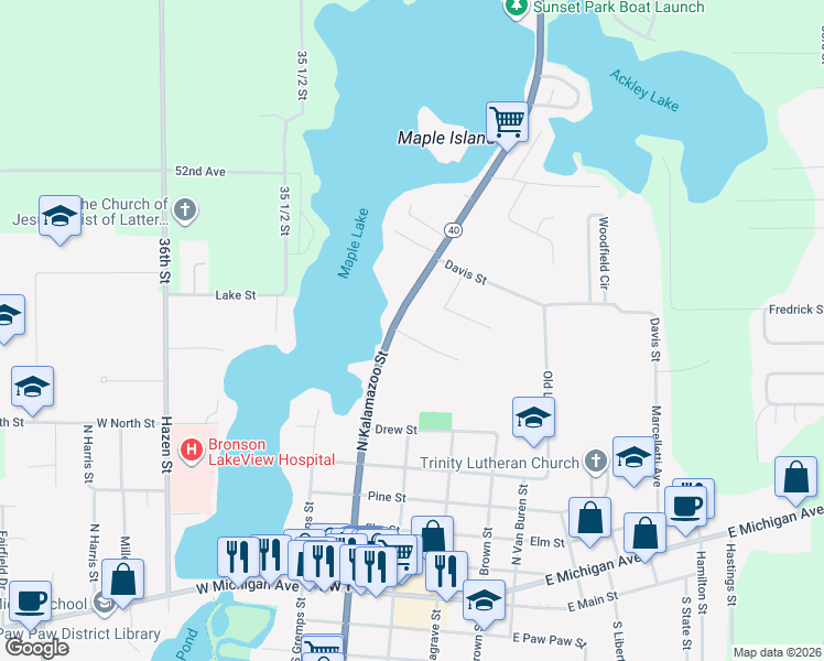 map of restaurants, bars, coffee shops, grocery stores, and more near 211 Maple Street in Paw Paw