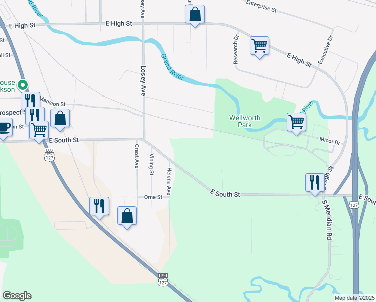 map of restaurants, bars, coffee shops, grocery stores, and more near 1528 East South Street in Jackson