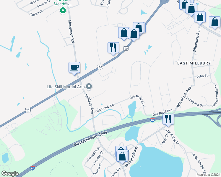 map of restaurants, bars, coffee shops, grocery stores, and more near 312 Millbury Avenue in Millbury