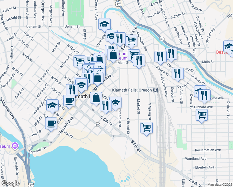 map of restaurants, bars, coffee shops, grocery stores, and more near 413 South 9th Street in Klamath Falls
