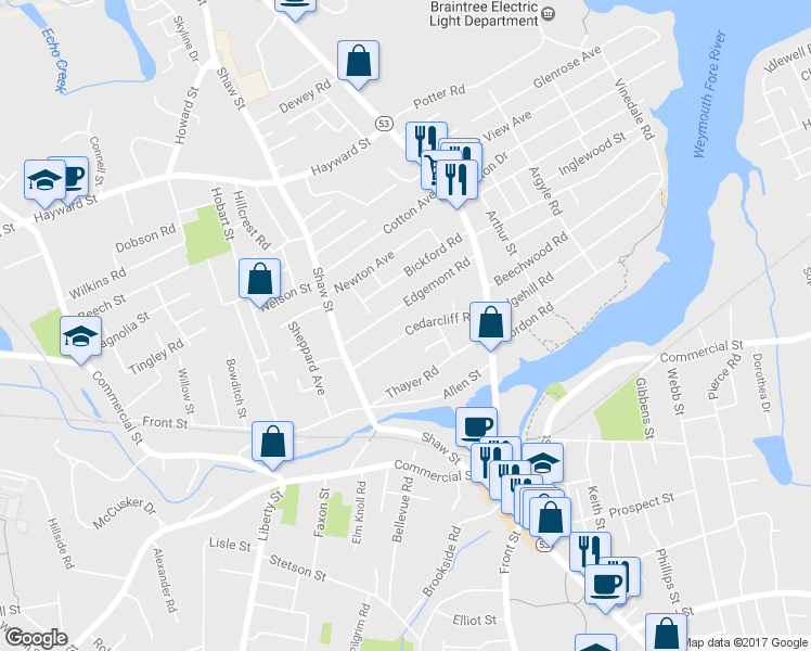 map of restaurants, bars, coffee shops, grocery stores, and more near 65 Cedarcliff Road in Braintree