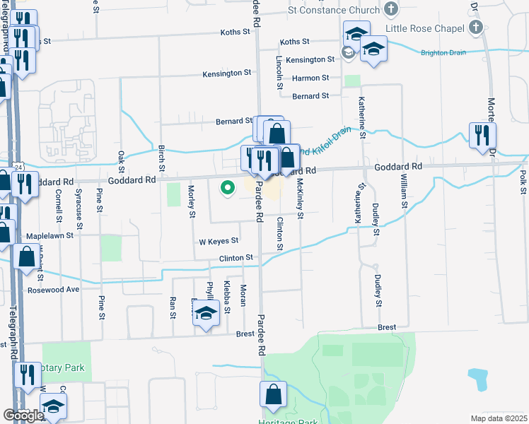 map of restaurants, bars, coffee shops, grocery stores, and more near 11187 Pardee Road in Taylor
