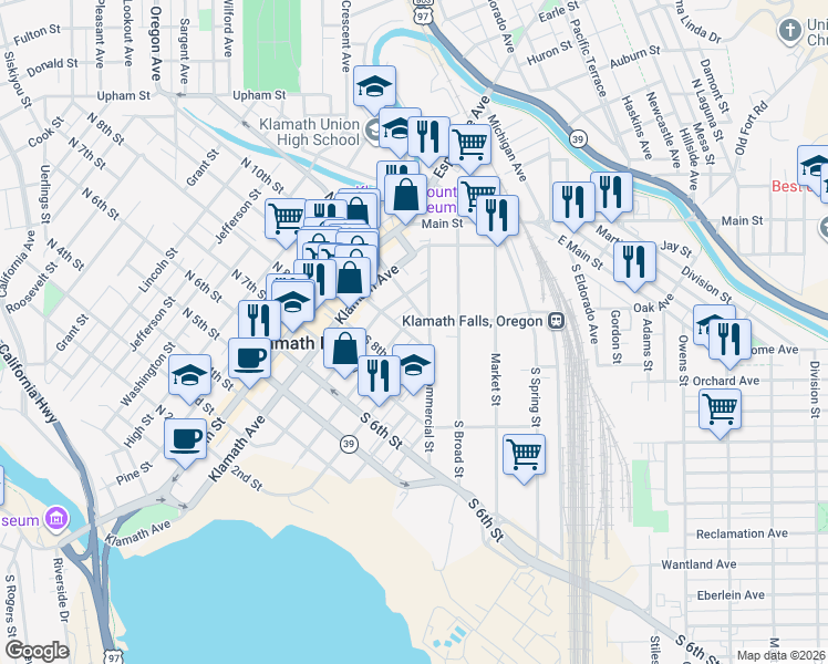 map of restaurants, bars, coffee shops, grocery stores, and more near 902 Oak Avenue in Klamath Falls