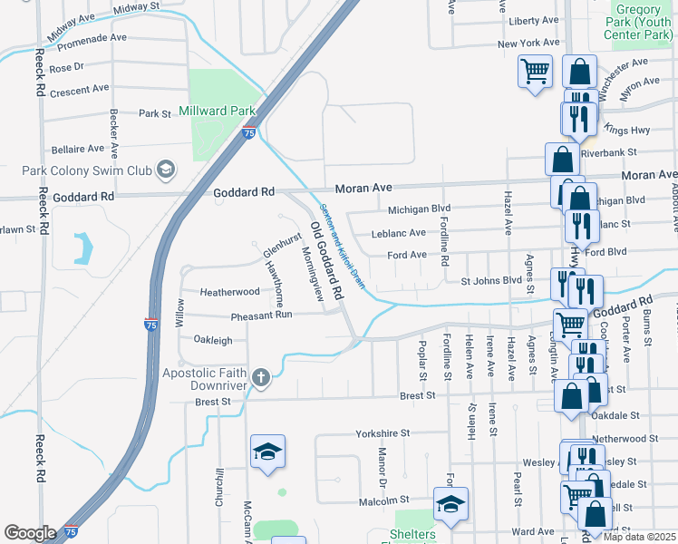 map of restaurants, bars, coffee shops, grocery stores, and more near 11355 Old Goddard Road in Allen Park