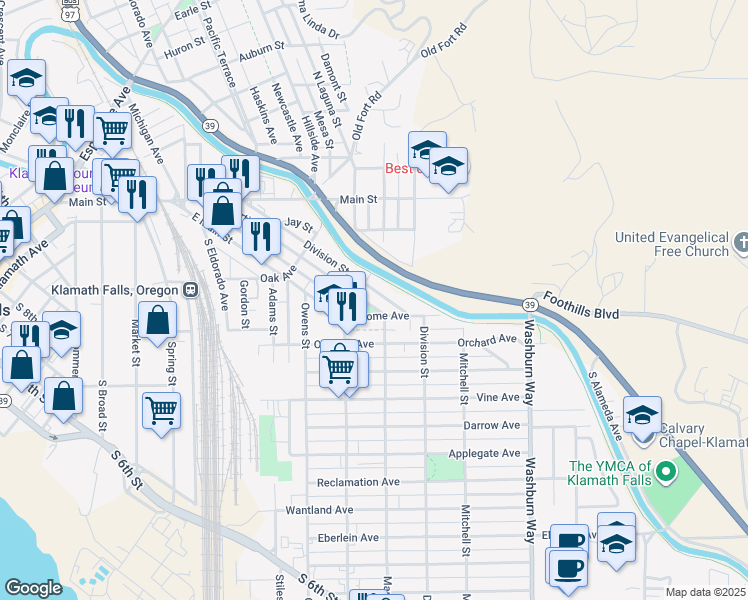 map of restaurants, bars, coffee shops, grocery stores, and more near 425 Martin Street in Klamath Falls