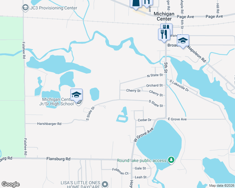 map of restaurants, bars, coffee shops, grocery stores, and more near 190 South State Street in Michigan Center