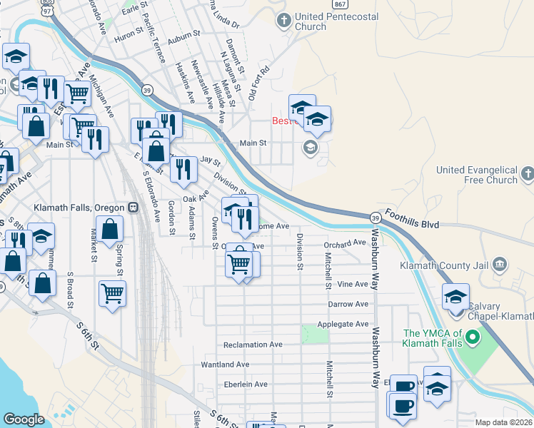 map of restaurants, bars, coffee shops, grocery stores, and more near 425 Martin Street in Klamath Falls