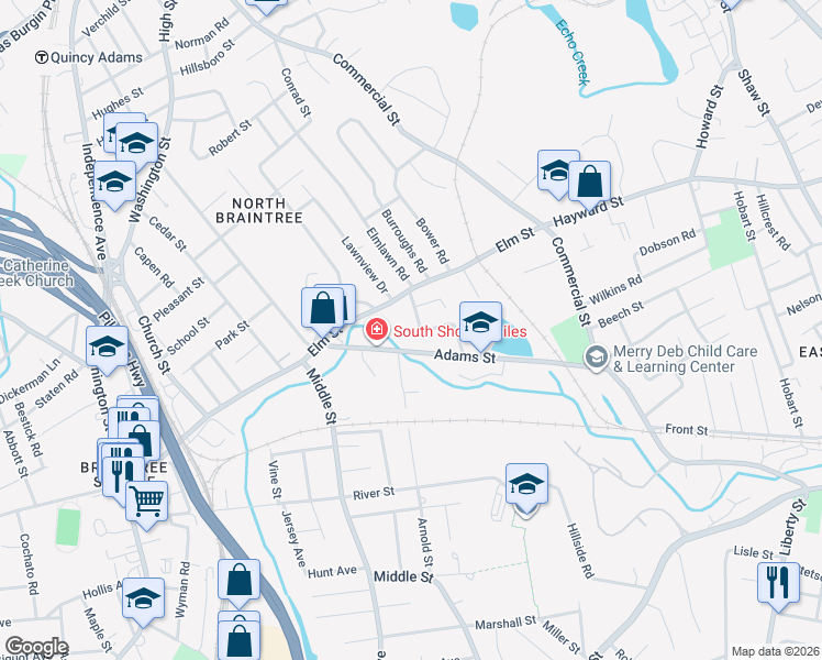 map of restaurants, bars, coffee shops, grocery stores, and more near 60 Adams Street in Braintree