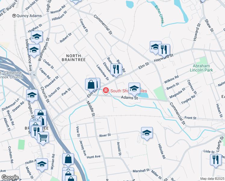 map of restaurants, bars, coffee shops, grocery stores, and more near 60 Adams Street in Braintree