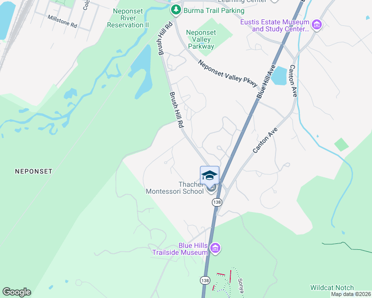 map of restaurants, bars, coffee shops, grocery stores, and more near 1431 Brush Hill Road in Milton