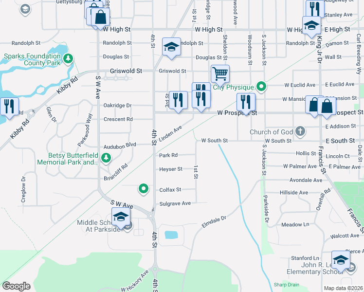 map of restaurants, bars, coffee shops, grocery stores, and more near 410 Park Road in Jackson