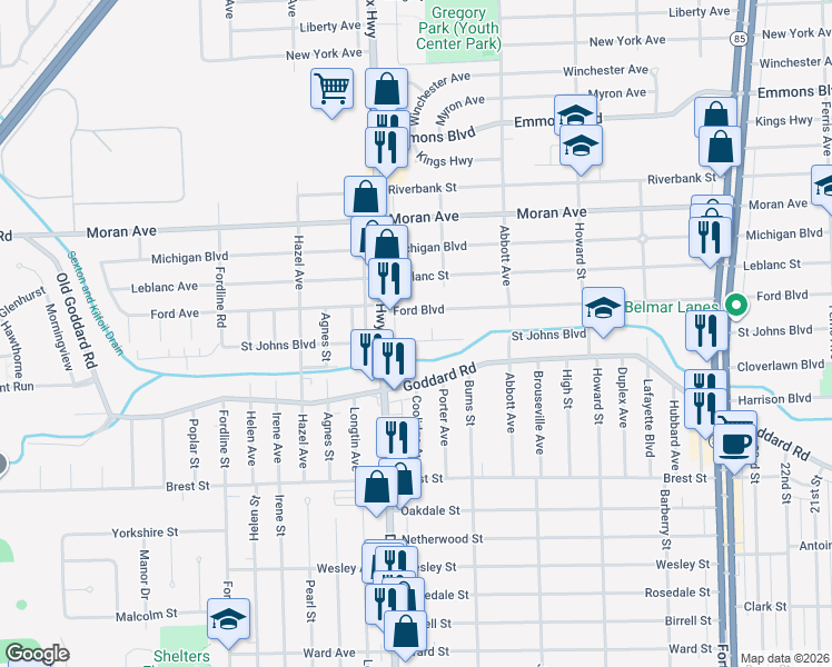 map of restaurants, bars, coffee shops, grocery stores, and more near 1854 Saint Johns Boulevard in Lincoln Park
