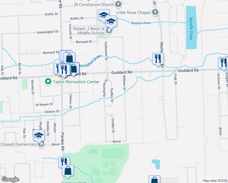 map of restaurants, bars, coffee shops, grocery stores, and more near 11155 Dudley Street in Taylor