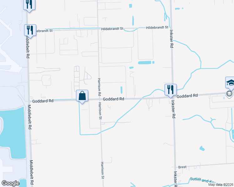 map of restaurants, bars, coffee shops, grocery stores, and more near 28260 Goddard Road in Romulus
