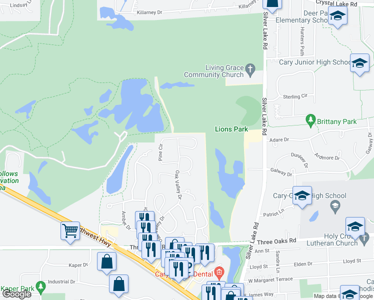 map of restaurants, bars, coffee shops, grocery stores, and more near 20 Willow Circle in Cary