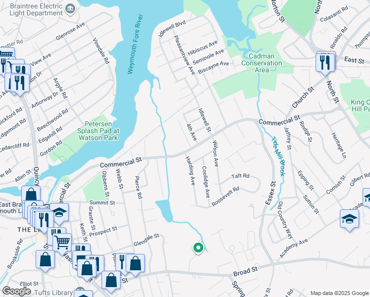 map of restaurants, bars, coffee shops, grocery stores, and more near 410 Commercial Street in Weymouth